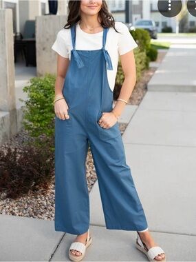 Zenana Outfitters Blue Tie-Strap Wide-Leg Jumpsuit